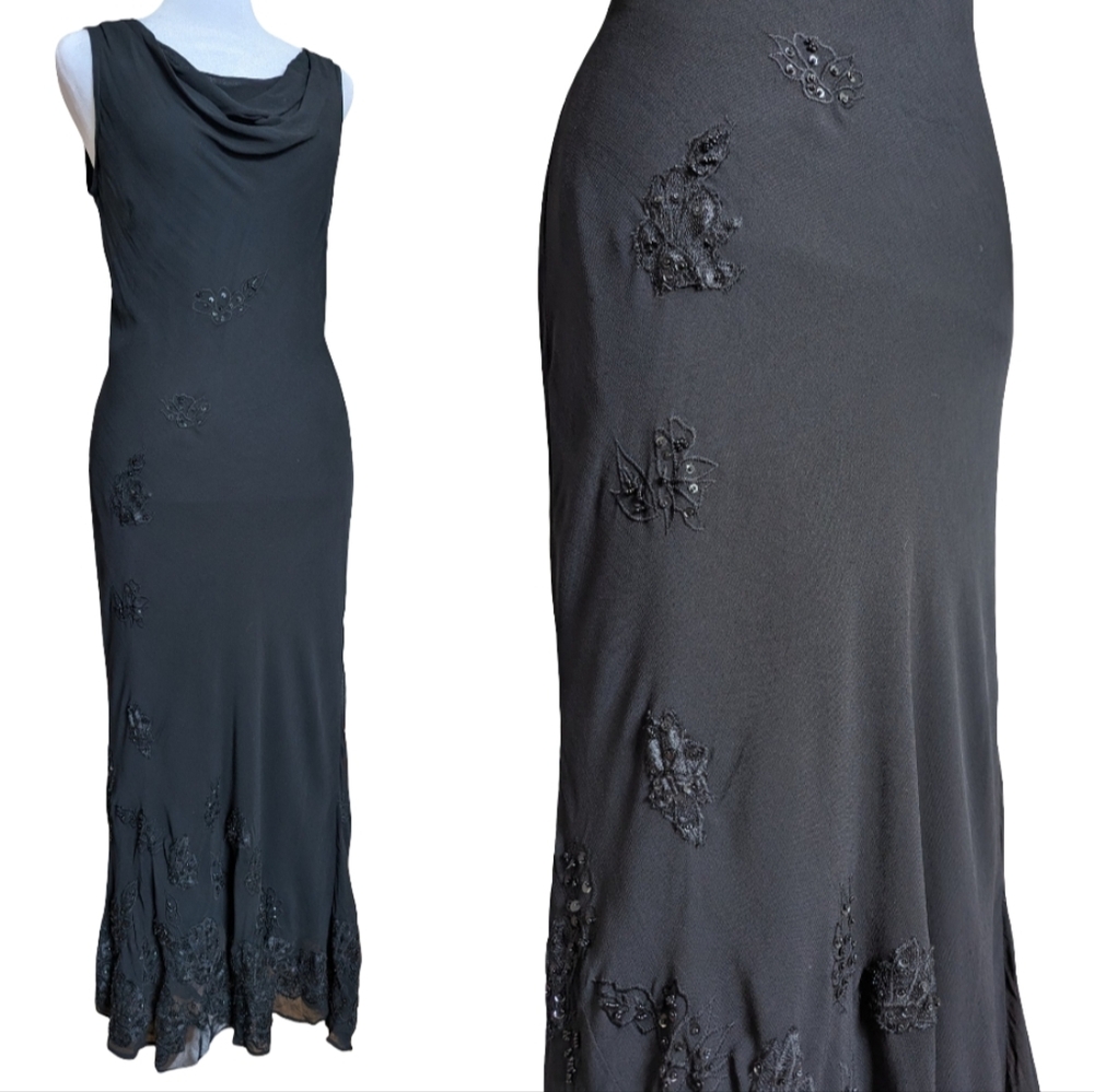 90s Vintage Whimsygoth Black Lace Sequin Mesh Cowl Neck Maxi Dress M Fairycore